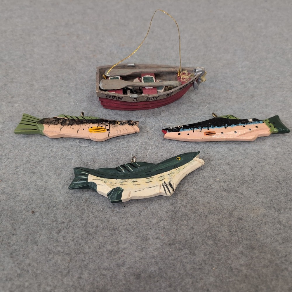Fishing Boat and‎ Fish Ornaments Set Wood Hand Painted Nautical Lake Decor